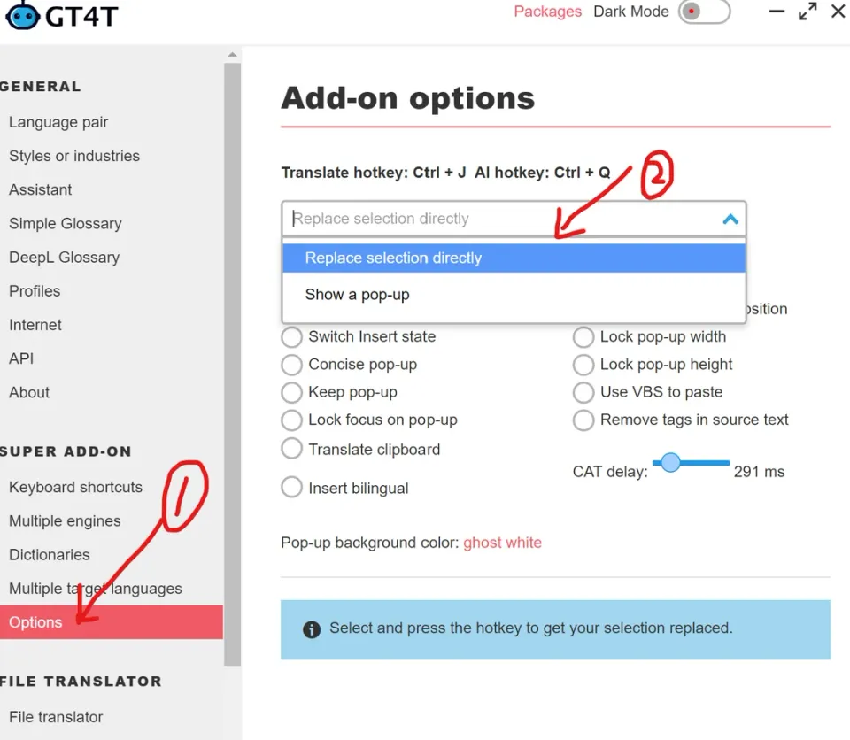 Cum să setați "înlocuirea selecției" ca implicit în loc de traducere pop-up pentru comenzi rapide GT4T?